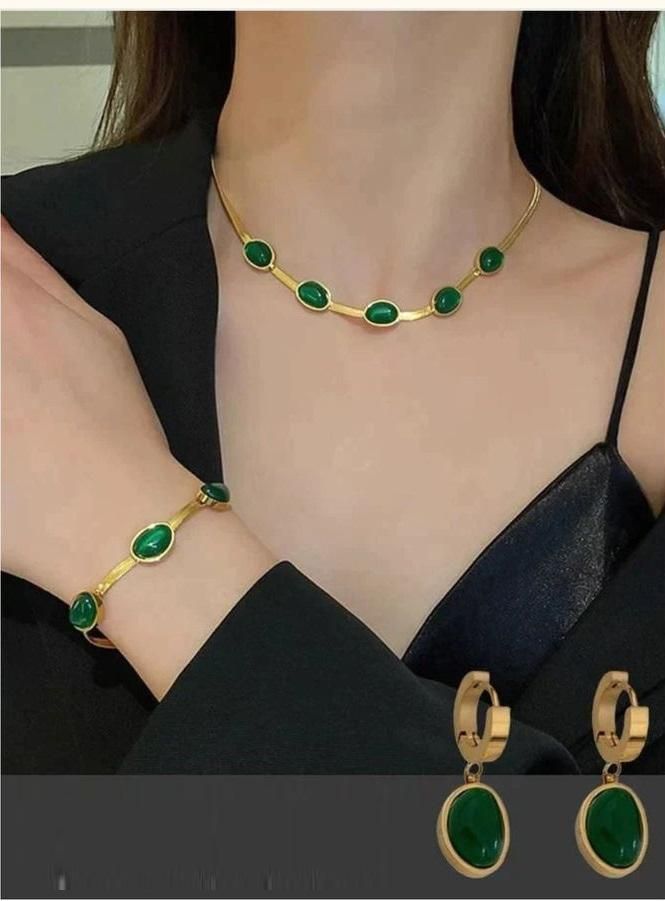 Oval Green Crystal Pendant Necklace Set With Bracelet & Earnings
