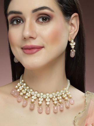 Tumble and Pearl Studded Kundan Necklace Set