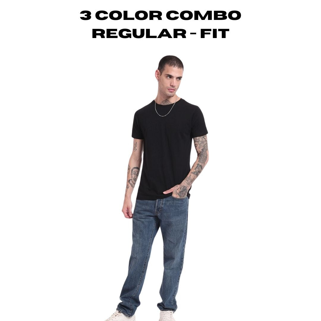 Pack of 3 Plain Regular fit Tshirt - Black, White & Navy Blue